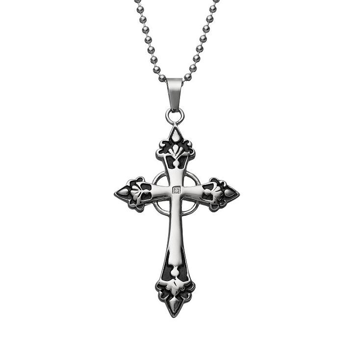 Diamond Accent Stainless Steel Cross Pendant Necklace - Men, Size: 24, White
