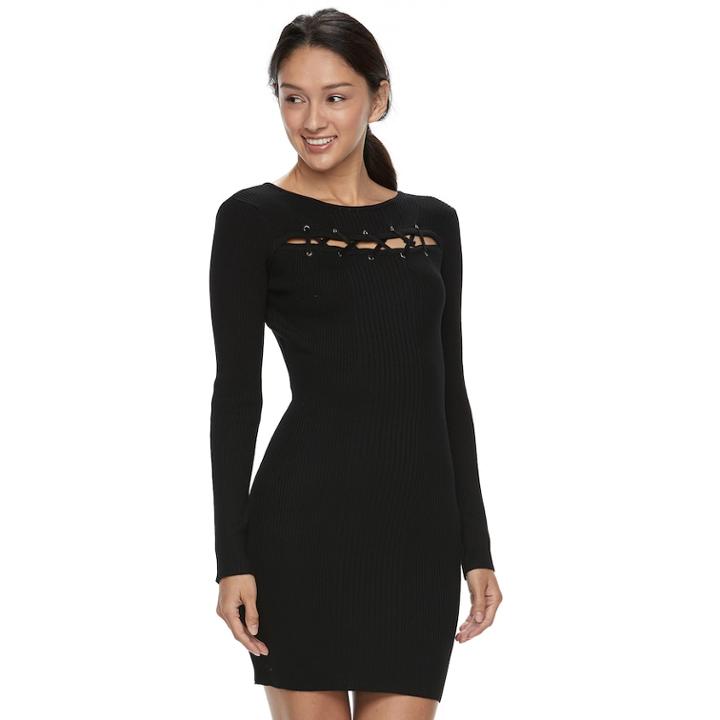 Juniors' Almost Famous Ribbed Cutout Mini Dress, Teens, Size: Large, Black