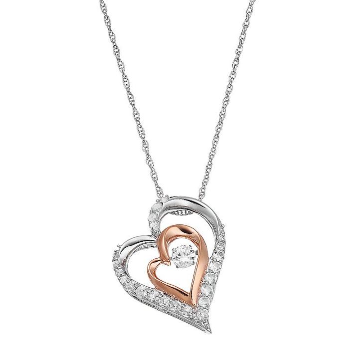 Two Tone Sterling Silver Lab-created White Sapphire Double Heart Pendant, Women's, Size: 18