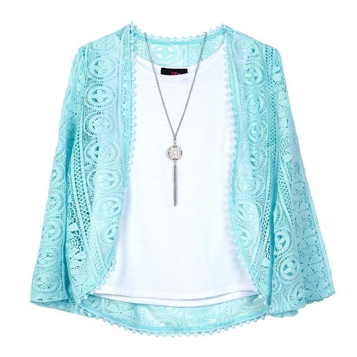 Girls 7-16 Iz Amy Byer Lace Bell Sleeve Cozy Top With Necklace, Girl's, Size: Small, Lt Green