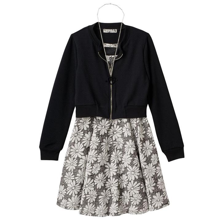 Girls 7-16 Knitworks Textured Bomber Jacket & Burnout Flower Dress With Necklace Set, Girl's, Size: 12, Black