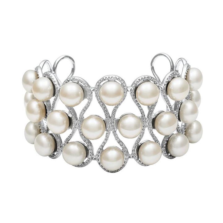 Sterling Silver Freshwater Cultured Pearl Openwork Cuff Bracelet, Women's, Size: 7.5, White