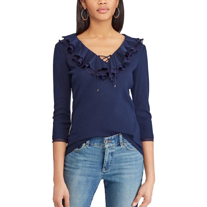 Women's Chaps Ruffled V-neck Top, Size: Medium, Blue