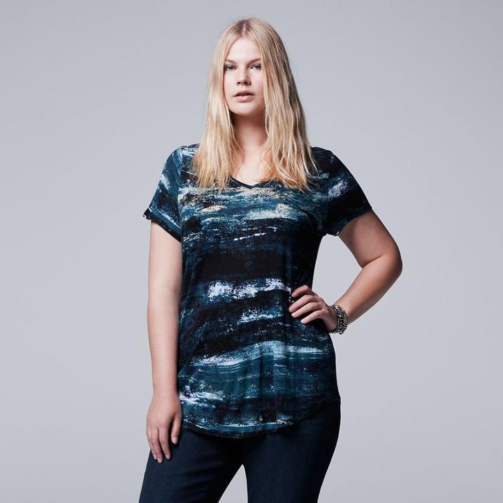 Plus Size Simply Vera Vera Wang Printed V-neck Tee, Women's, Size: 3xl, Dark Green