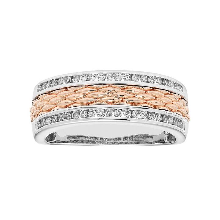 Men's Two Tone 14k Gold 1/3 Carat T.w. Diamond Textured Wedding Band, Size: 12.50, Pink