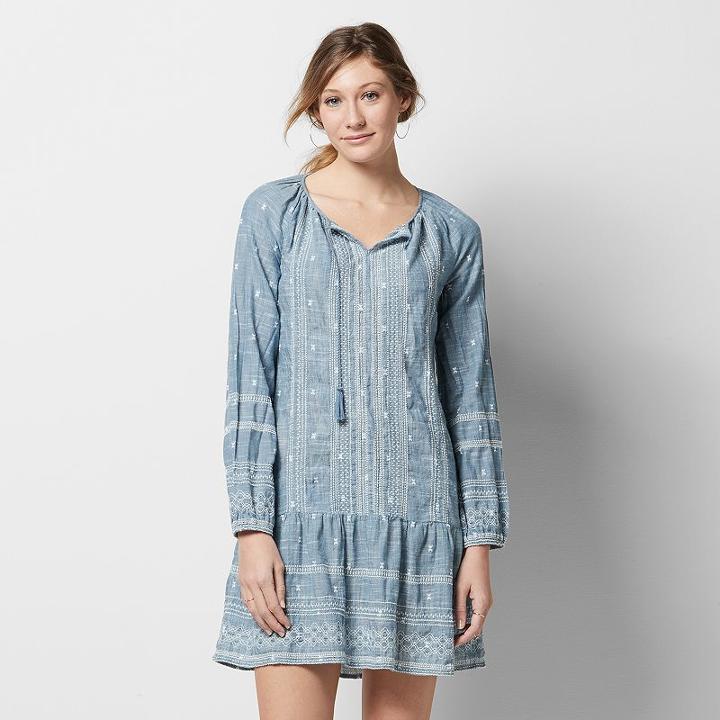 Women's Sonoma Goods For Life&trade; Embroidered Chambray Drop-waist Dress, Size: Small, Med Blue