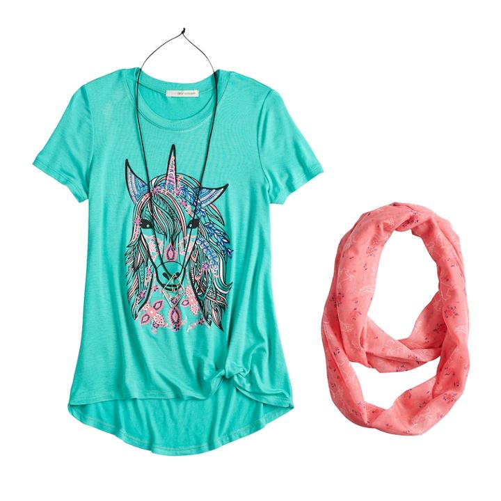 Girls 7-16 & Plus Size Self Esteem Side Knot Top Set With Scarf & Necklace, Size: M Plus, Turquoise/blue (turq/aqua)