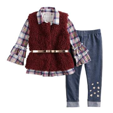 Toddler Girl Little Lass Plaid Ruffle Henley, Faux-fur Vest & Jeggings Set, Size: 2t, Dark Red