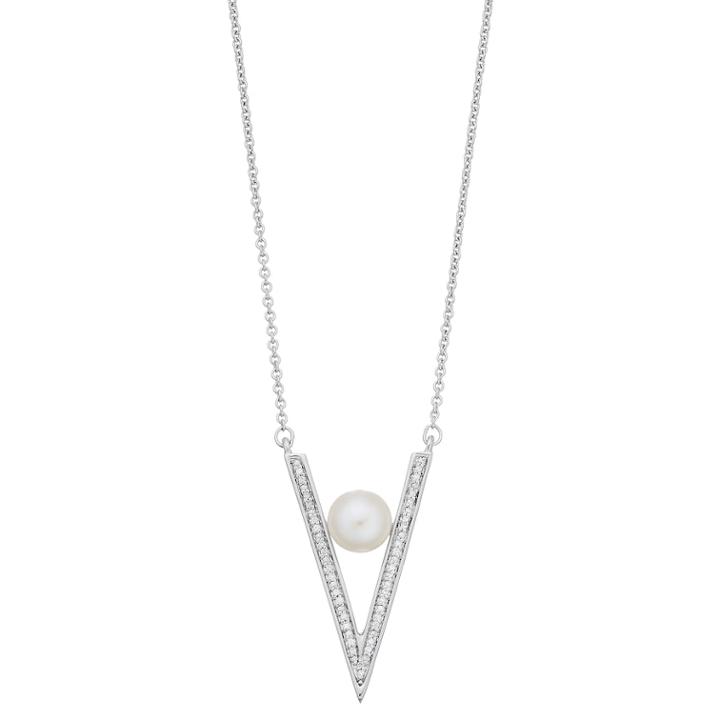 Simply Vera Vera Wang Sterling Silver 1/10 Carat Diamond & Pearl V Pendant Necklace, Women's, Size: 18, White