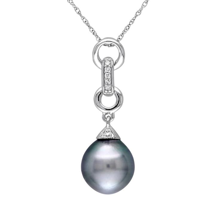 Stella Grace 10k White Gold Tahitian Cultured Pearl & Diamond Accent Interlock Circle Pendant Necklace, Women's, Size: 17, Grey