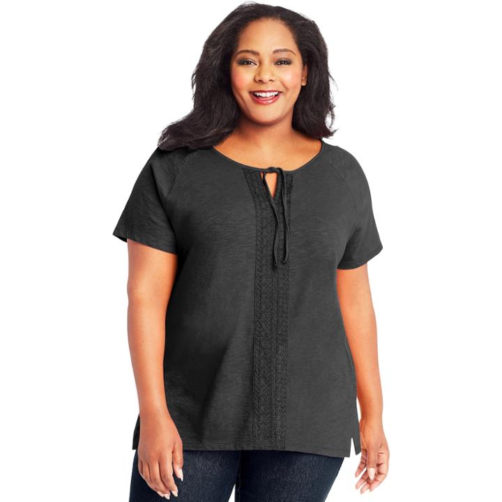 Plus Size Just My Size Front Lace Slub Short Sleeve Top, Women's, Size: 1xl, Black