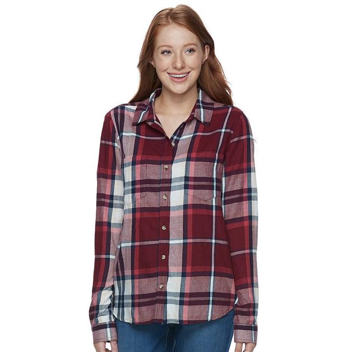 Juniors' So&reg; Pocket Plaid Flannel Shirt, Teens, Size: Medium, Red