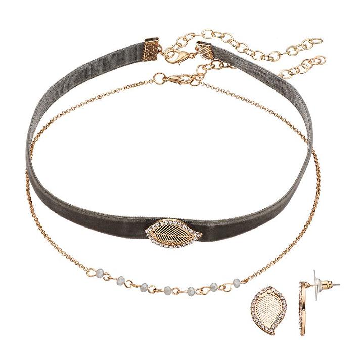 Lc Lauren Conrad Leaf Choker Necklace & Drop Earring Set, Women's, Black