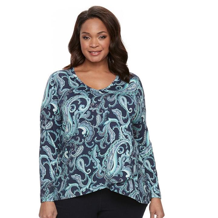 Plus Size Croft & Barrow&reg; Print High-low V-neck Tee, Women's, Size: 2xl, Blue