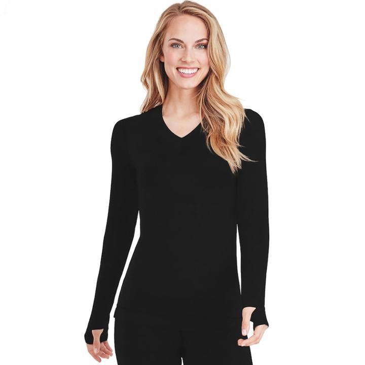 Women's Cuddl Duds Flexfit V-neck Top, Size: Small, Black