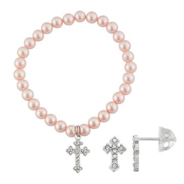 Lulabelle Kids' Shell Pearl & Crystal Cross Stretch Bracelet & Stud Earring Set, Women's, Pink