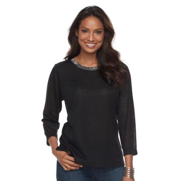 Women's Cathy Daniels Embroidered Linen Top, Size: Large, Black