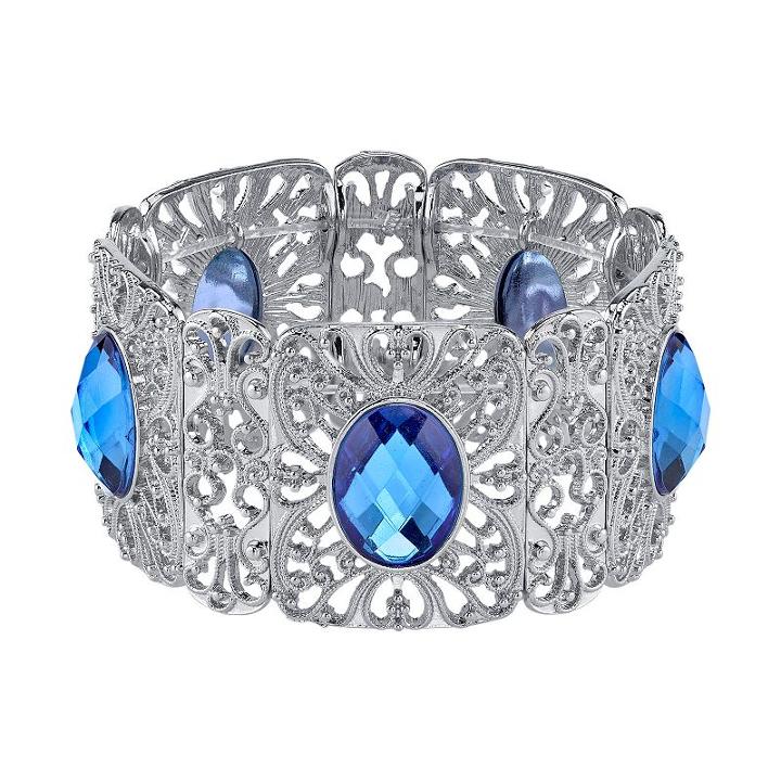 1928 Filigree Faceted Oval Stone Stretch Bracelet, Women's, Size: 7, Blue