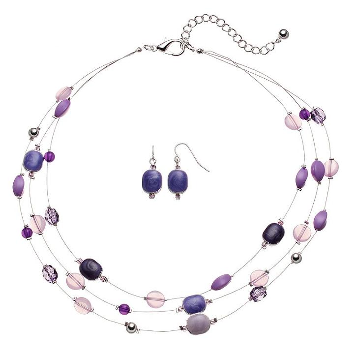 Purple Bead & Inlay Multi Strand Necklace & Drop Earring Set, Women's