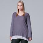 Plus Size Simply Vera Vera Wang Mock-layer V-neck Sweater, Women's, Size: 2xl, Med Purple