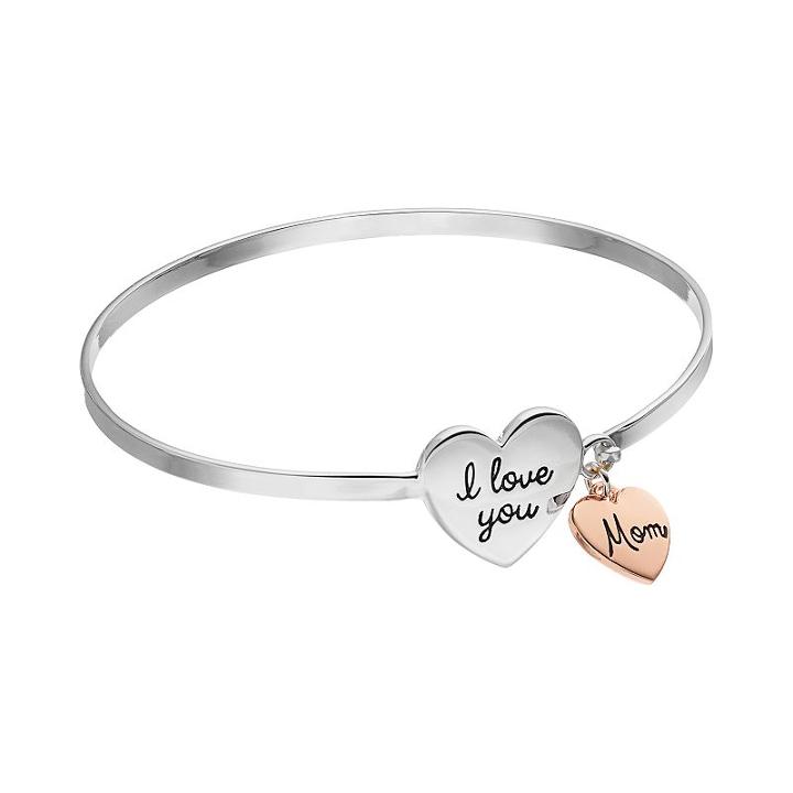 Silver Expressions By Larocks Silver Plated I Love You & Mom Heart Bangle Bracelet, Women's, Grey
