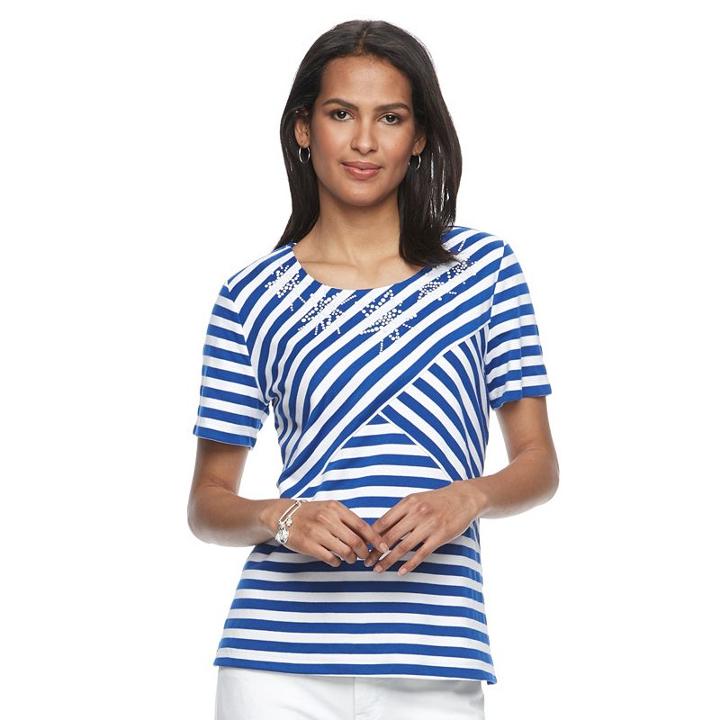 Petite Napa Valley Striped Embellished Tee, Women's, Size: L Petite, Dark Blue