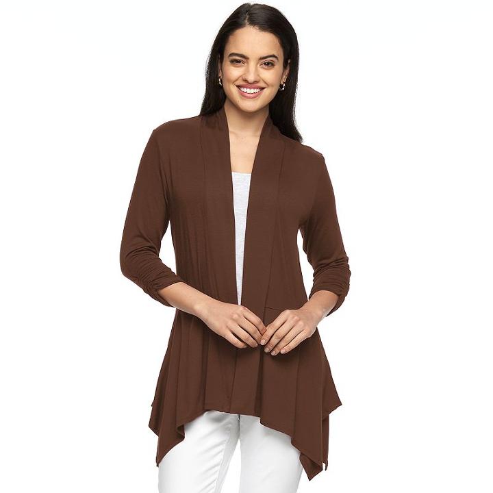Women's Ab Studio Shark-bite Hem Open-front Cardigan, Size: Regular, Brown