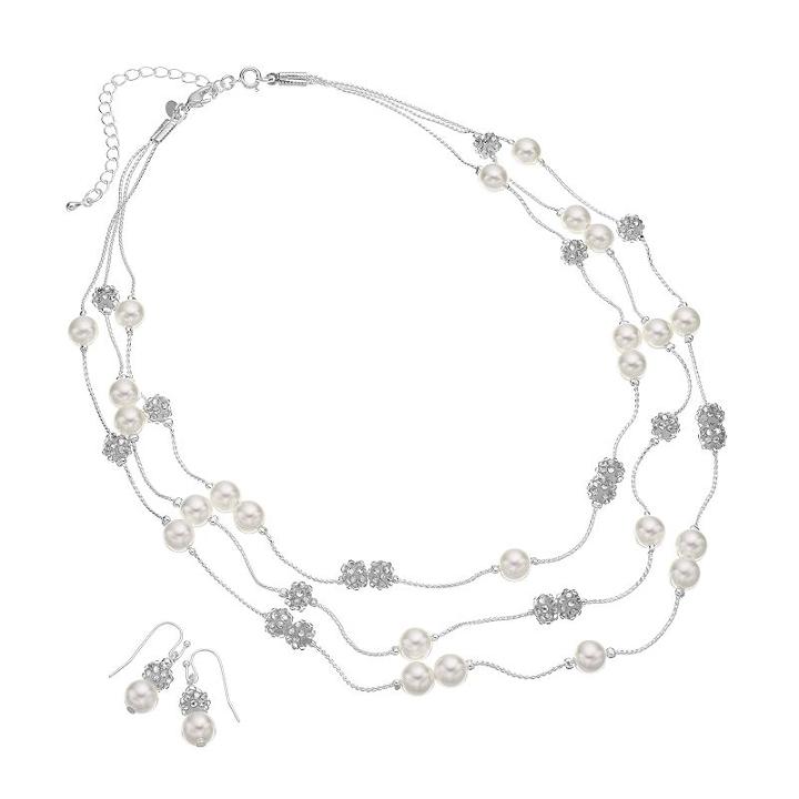 Croft & Barrow&reg; Silver Tone Simulated Crystal & Simulated Pearl Multistrand Necklace & Drop Earring Set, Women's, Multicolor