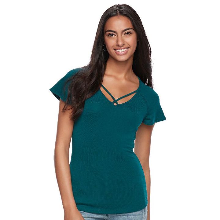 Juniors' Candie's&reg; Strappy Flutter Sleeve Tee, Teens, Size: Medium, Med Green