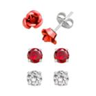Sterling Silver And Red Aluminum Rose And Cubic Zirconia Stud Earring Set, Women's