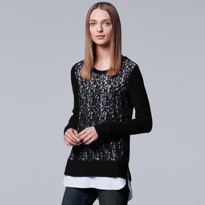 Women's Simply Vera Vera Wang Mock-layer Lace Sweater, Size: Xs, Black