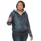 Juniors' Plus Size Mudd&reg; Knit Sleeve Jean Jacket, Teens, Size: 3xl, Dark Blue