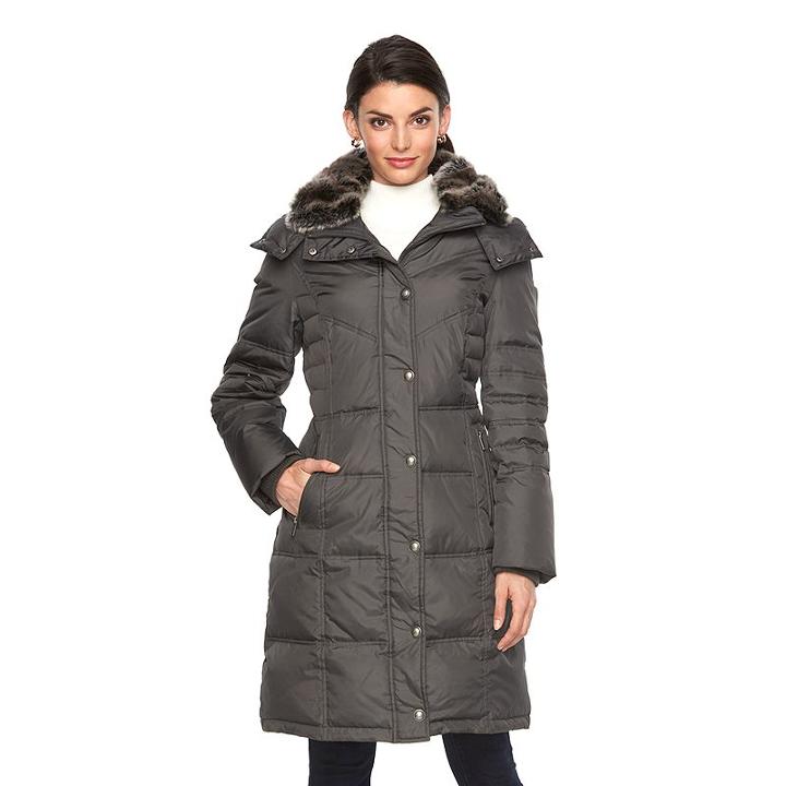 Women's Towne By London Fog Hooded Down Puffer Jacket, Size: Medium, Dark Grey