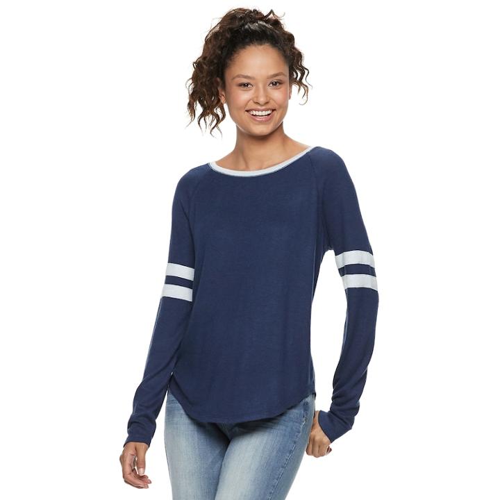 Juniors' So&reg; Long Sleeve Varsity Tee, Teens, Size: Small, Dark Blue