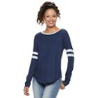 Juniors' So&reg; Long Sleeve Varsity Tee, Teens, Size: Small, Dark Blue