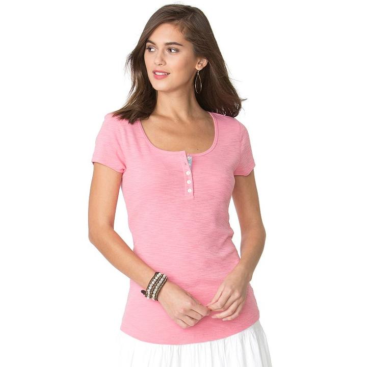 Women's Chaps Slubbed Henley, Size: Medium, Pink