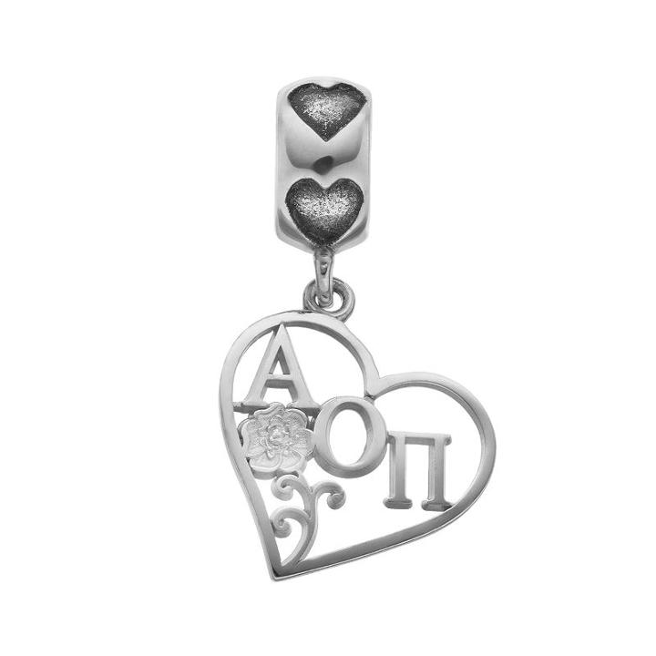 Logoart Sterling Silver Alpha Omicron Pi Sorority Heart Charm, Women's, Grey
