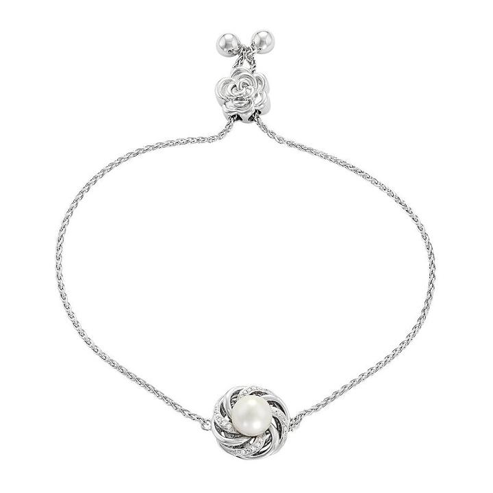 Simply Vera Vera Wang Sterling Silver Freshwater Cultured Pearl & Diamond Accent Flower Bolo Bracelet, Women's, Size: 9, White