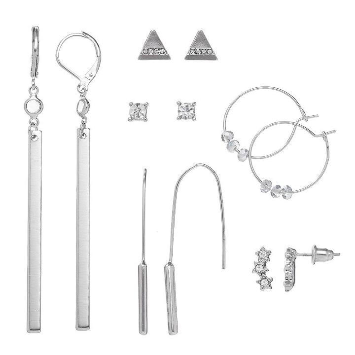 Mudd&reg; Beaded Hoop, Triangular Stud, Star Climber & Bar Drop Nickel Free Earring Set, Women's, Silver
