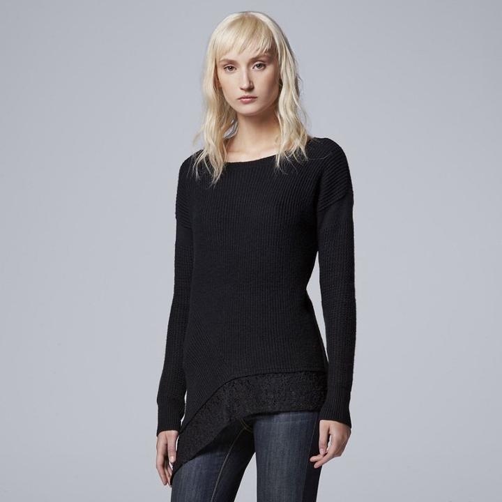 Women's Simply Vera Vera Wang Asymmetrical Lace Crewneck Sweater, Size: Medium, Black