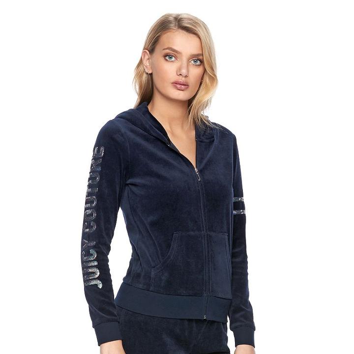 Women's Juicy Couture Embellished Velour Hoodie Jacket, Size: Xs, Blue (navy)