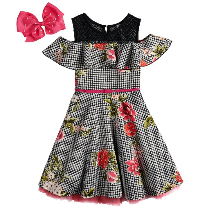 Girls 7-16 Beauteez Ruffled Cold Shoulder Skater Dress With Bow, Size: 16, Black