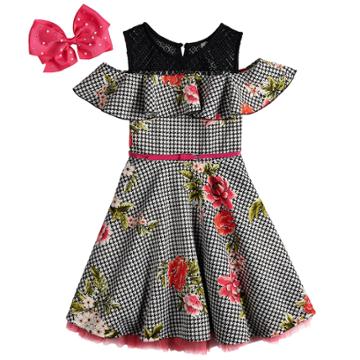 Girls 7-16 Beauteez Ruffled Cold Shoulder Skater Dress With Bow, Size: 16, Black