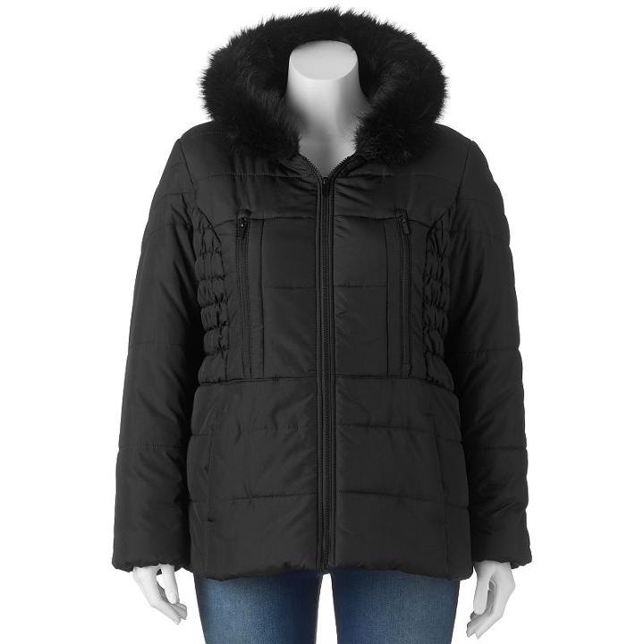 Juniors' Plus Size Pink Envelope Faux-fur Hood Puffer Jacket, Girl's, Size: 1xl, Black