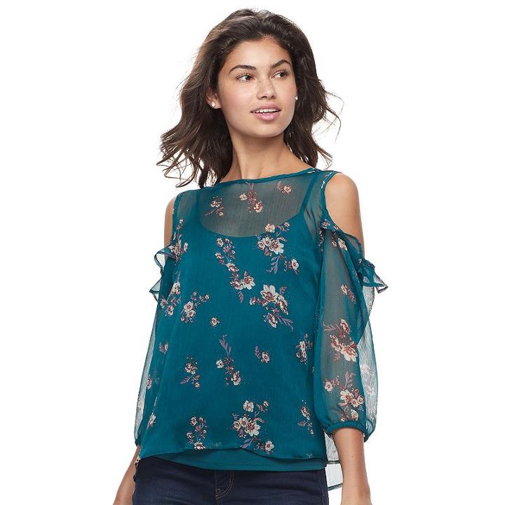 Juniors' Mudd&reg; Ruffle Cold-shoulder Top, Teens, Size: Small, Green