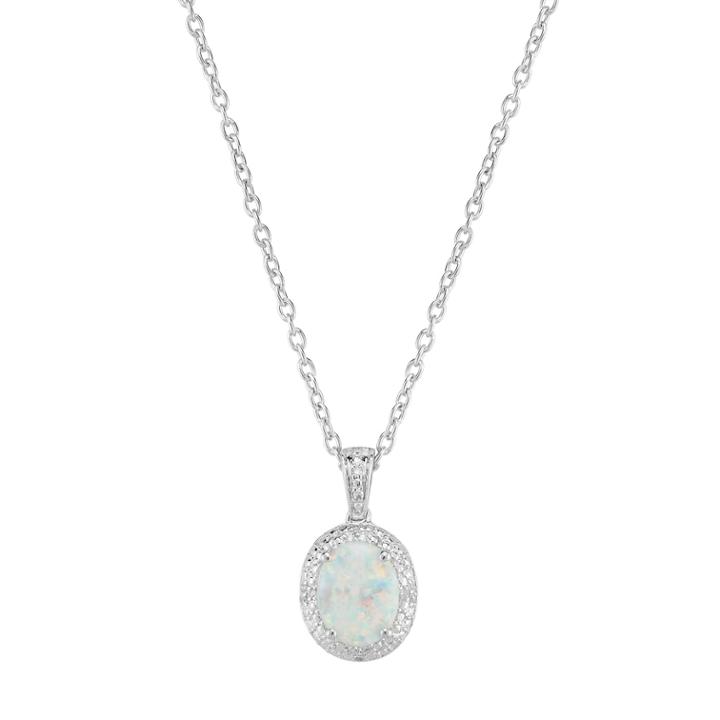 Sterling Silver Lab-created White Opal & Diamond Accent Oval Halo Pendant, Women's