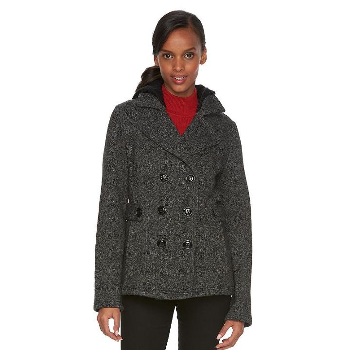 Women's Sebby Collection Hooded Fleece Double-breasted Peacoat, Size: Small, Black