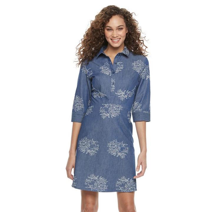 Women's Nina Leonard Embroidered Shirtdress, Size: 6, Blue Other
