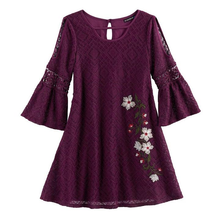 Girls 7-16 My Michelle Floral Embroidered Cold Shoulder Dress, Size: Medium (7), Drk Purple