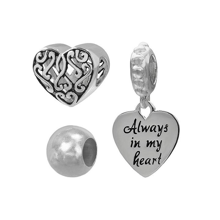 Individuality Beads Sterling Silver Heart Bead And Charm Set, Women's, Grey